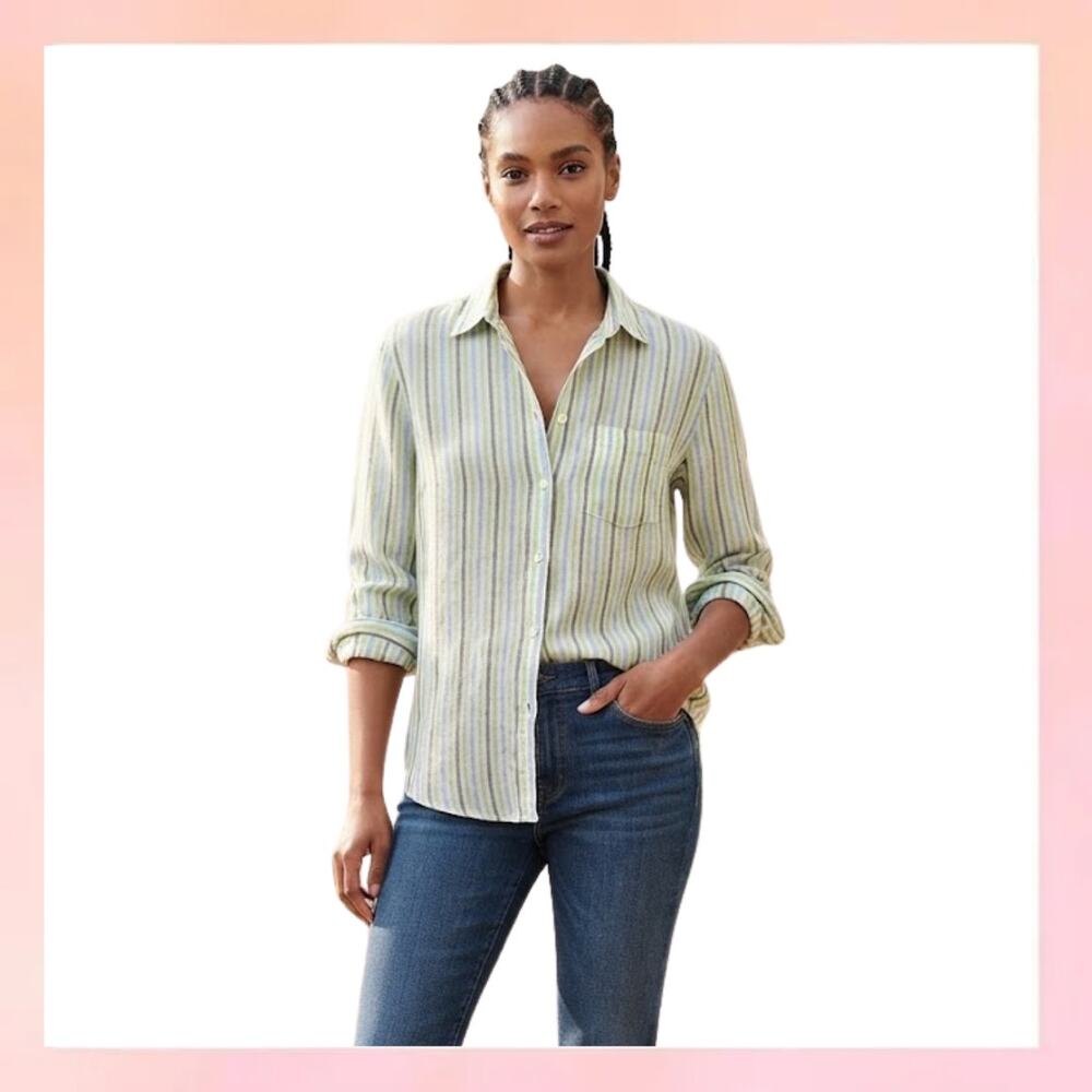 Banana Republic 100% Linen Striped Long Sleeve Button Down Shirt Women's XL